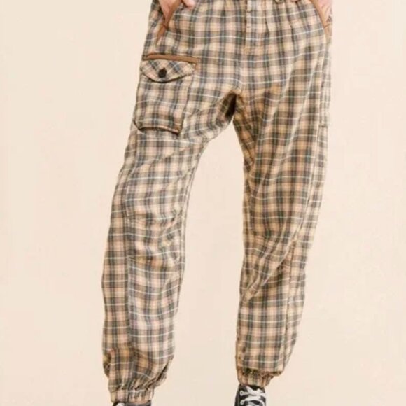 Free People Back Street Pants Plaid Tapered Joggers Tan Brown Small Sold Out - Picture 2 of 16